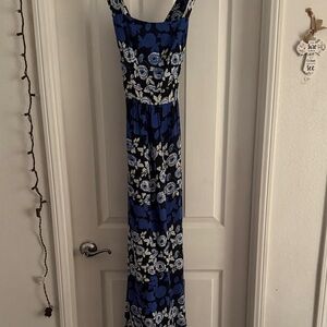 Anthropologie mauve Blue and Black Floral Maxi Dress